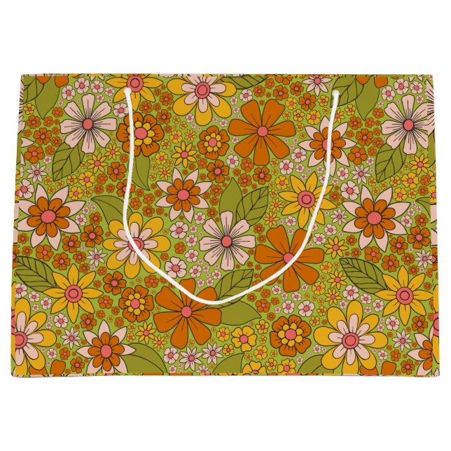 Sacola Para Presentes Grande 1960, 1970 Retro Floral Verde e Laranja (Frente)
