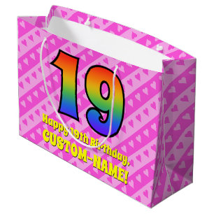 Sacola Para Presentes Grande 19.º aniversário: Stripes e corações cor-de-rosa,