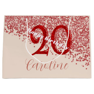 Sacola Para Presentes Grande 20º Aniversário Champanhe Rubi Vermelho Brilho