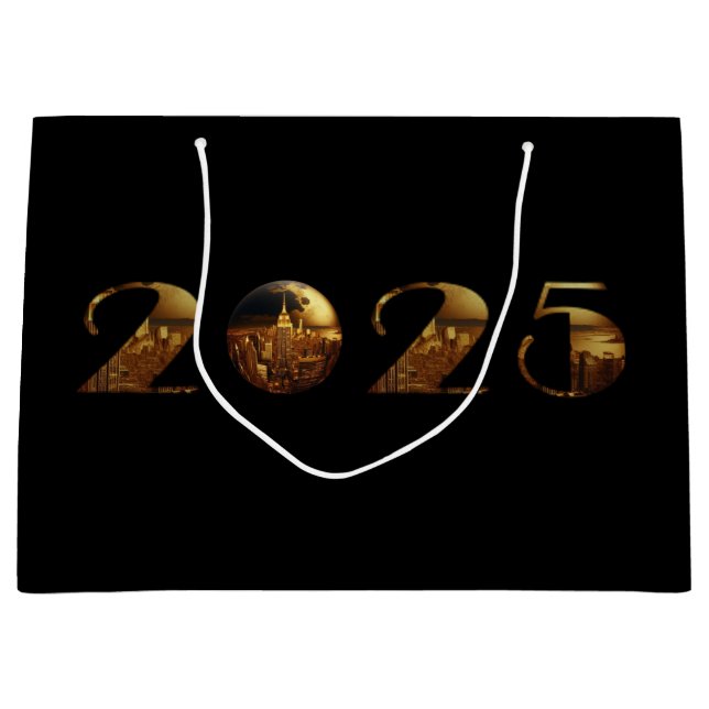 Sacola Para Presentes Grande 2025 Dourado Ano Novo-Ball-NYC (Frente)