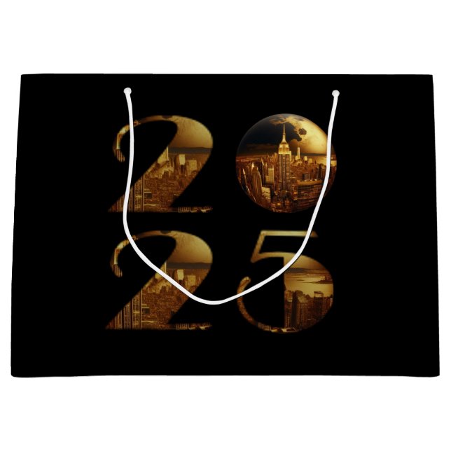Sacola Para Presentes Grande 2025 Dourado Ano Novo-Ball-NYC (Frente)