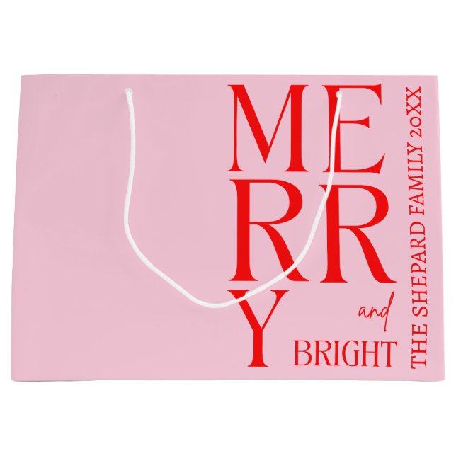 Sacola Para Presentes Grande 2025 Modern Merry and Bright Red Pink Christmas (Frente)