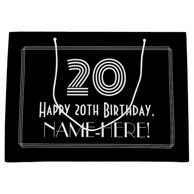 Sacola Para Presentes Grande 20 Aniversário — Art Deco Inspirou "20" & Nome (Frente)