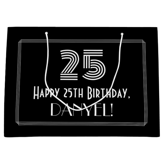 Sacola Para Presentes Grande 25 Aniversário — Art Deco Inspirou "25" & Nome (Frente)