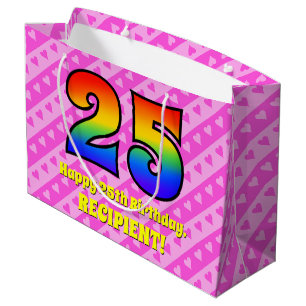 Sacola Para Presentes Grande 25 Aniversário: Stripes e Corações Rosa, Arco-