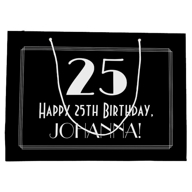 Sacola Para Presentes Grande 25 Birthday: Arte Deco Estilo Inspirado "25", Nome (Verso)