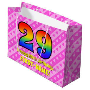 Sacola Para Presentes Grande 29.o aniversário: Stripes e Corações Rosa, Arco