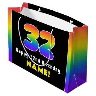 Sacola Para Presentes Grande 32º Aniversário: Arco-Íris Colorido nº 32, Nome Pe