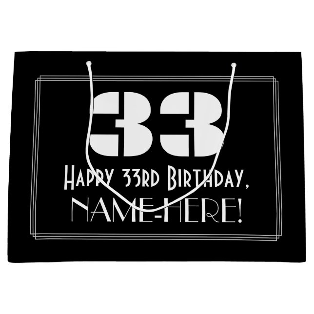Sacola Para Presentes Grande 33º Aniversário ~ Arte Deco Inspirou "33" + Nome (Frente)