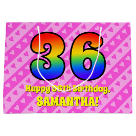 Sacola Para Presentes Grande 36.º aniversário: Stripes e corações cor-de-rosa, 