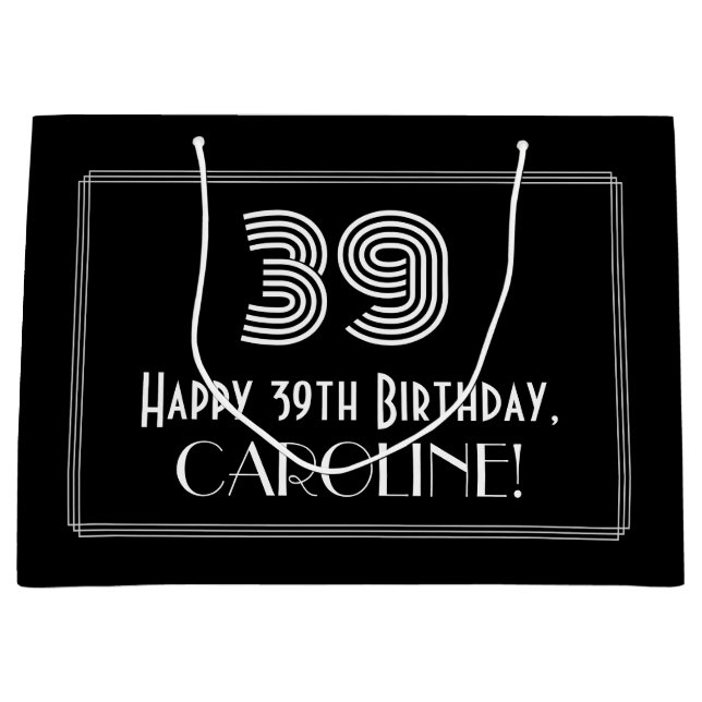 Sacola Para Presentes Grande 39.o aniversário — Art Deco Inspirou "39" & Nome (Frente)