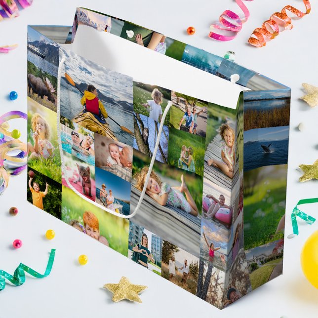 Sacola Para Presentes Grande 40 Colagem Horizontal de Fotos (40 Horizontal Photo Collage Large Gift Bag)