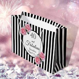 Sacola Para Presentes Grande 40 e fabulosa listras pretas florais cor-de-rosa