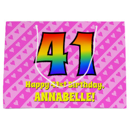 Sacola Para Presentes Grande 41 Aniversário da rua: Stripes e Corações Rosa, Ar