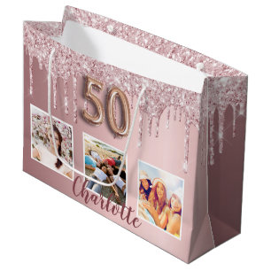 Sacola Para Presentes Grande 50º aniversário, cor-de-rosa, goteja de foto mon