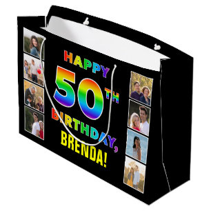 Sacola Para Presentes Grande 50º aniversário: Texto do Arco-Íris, Fotos e Nome