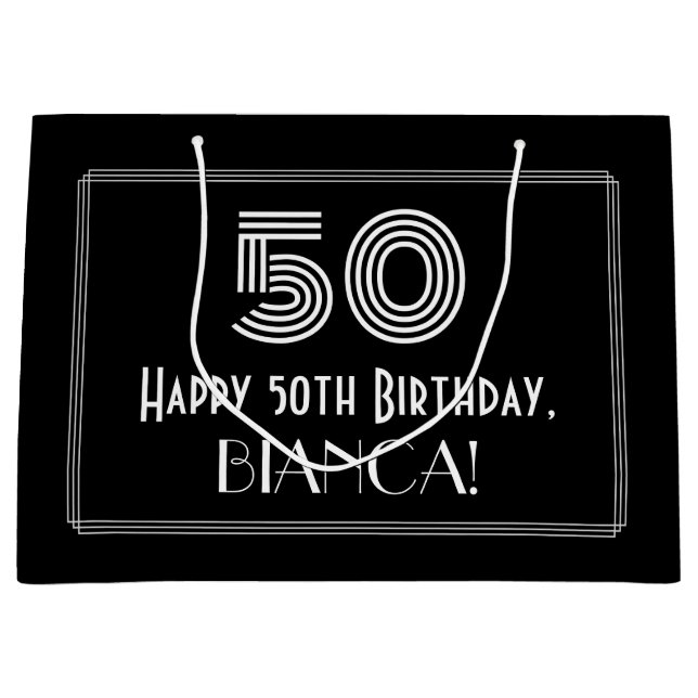 Sacola Para Presentes Grande 50.o aniversário — Art Deco Inspirou "50" & Nome (Frente)