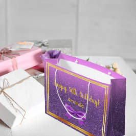 Sacola Para Presentes Grande 50.o aniversário nome do monograma roxo cor-de-ros