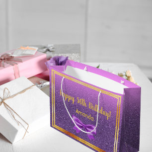 Sacola Para Presentes Grande 50.o aniversário nome do monograma roxo cor-de-ros