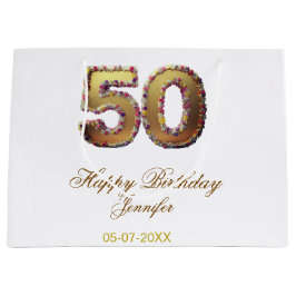 Sacola Para Presentes Grande 50th birthday add name date year gold floral bold