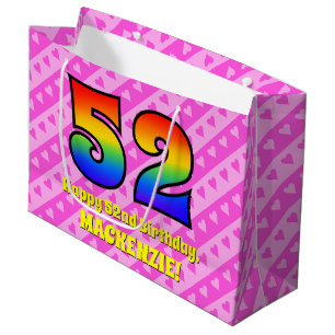 Sacola Para Presentes Grande 52º Aniversário: Stripes e Corações Rosa, Arco-Íri