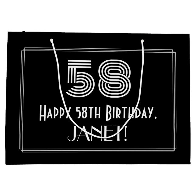 Sacola Para Presentes Grande 58.o aniversário — Art Deco Inspirava "58" & Nome (Verso)