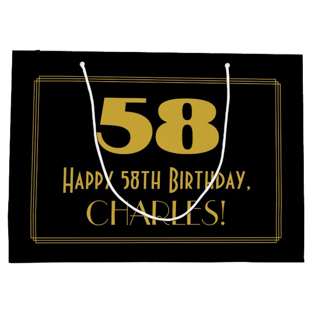 Sacola Para Presentes Grande 58.o aniversário — Art Deco Inspirava "58" & Nome (Verso)