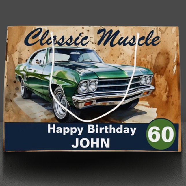Sacola Para Presentes Grande 60º Aniversário, Clássico Musculatura Carro Grande (Rev up your celebration with our classic green muscle car illustration! )