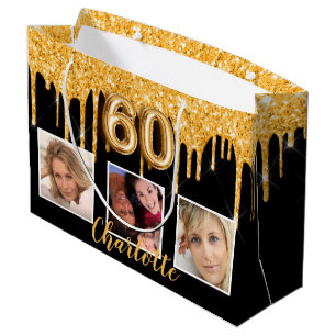 Sacola Para Presentes Grande 60º aniversário do glitter preto dourado gota foto