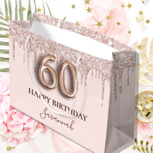Sacola Para Presentes Grande 60º aniversário reluz cor-de-rosa pinga rosa doura