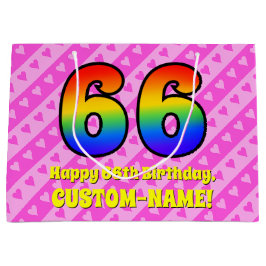 Sacola Para Presentes Grande 66.º aniversário: Stripes e corações cor-de-rosa, 