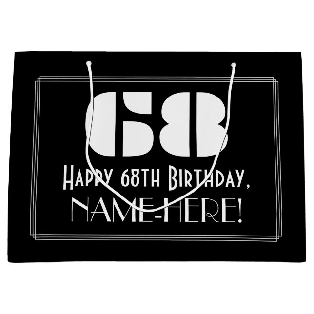 Sacola Para Presentes Grande 68º aniversário ~ Arte Deco Inspirou "68" + Nome (Frente)