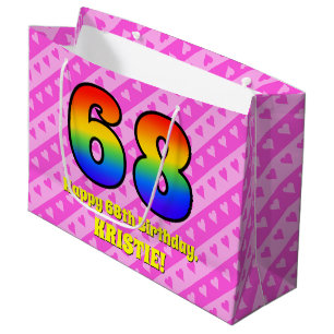 Sacola Para Presentes Grande 68.º aniversário: Stripes e corações cor-de-rosa,
