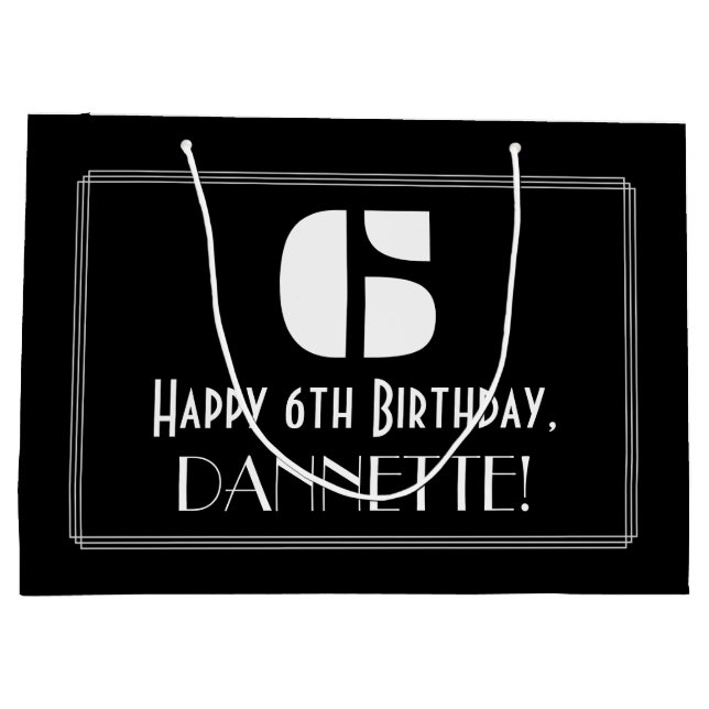 Sacola Para Presentes Grande 6 Aniversário ~ Arte Deco Inspirou "6" + Nome (Verso)