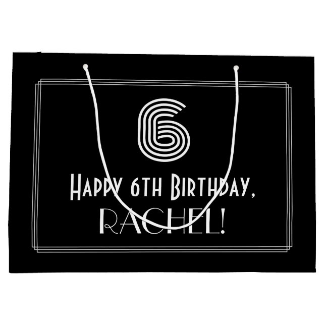 Sacola Para Presentes Grande 6 Birthday — Arte Deco Inspirou "6" e Nome (Verso)
