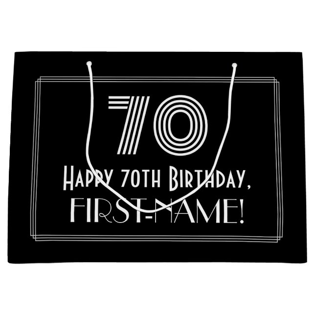 Sacola Para Presentes Grande 70 Aniversário — Art Deco Inspirou "70" & Nome (Frente)