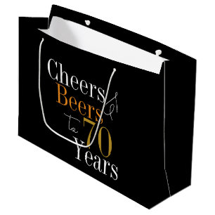 Sacola Para Presentes Grande 70 Birthday Beers and Cheers Black Dourada Party