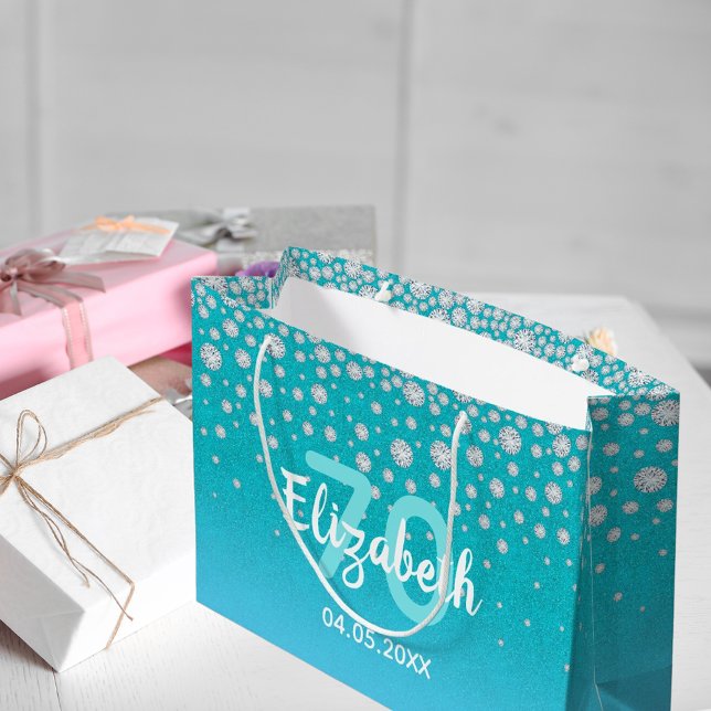 Sacola Para Presentes Grande 70 de aniversário de diamantes brilha no verde azu (Criador carregado)