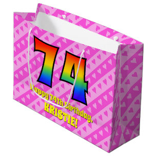 Sacola Para Presentes Grande 74º Aniversário: Listras Cor-de-Rosa & Corações, A