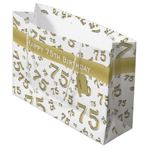 Sacola Para Presentes Grande 75.º aniversário feliz, Dourado/padrão branco