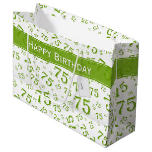 Sacola Para Presentes Grande 75.º Padrão Verde/Número Branco de Aniversário Fel
