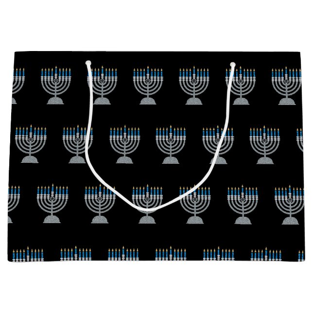 Sacola Para Presentes Grande 8ª Noite de Hanukkah Glitter (Frente)