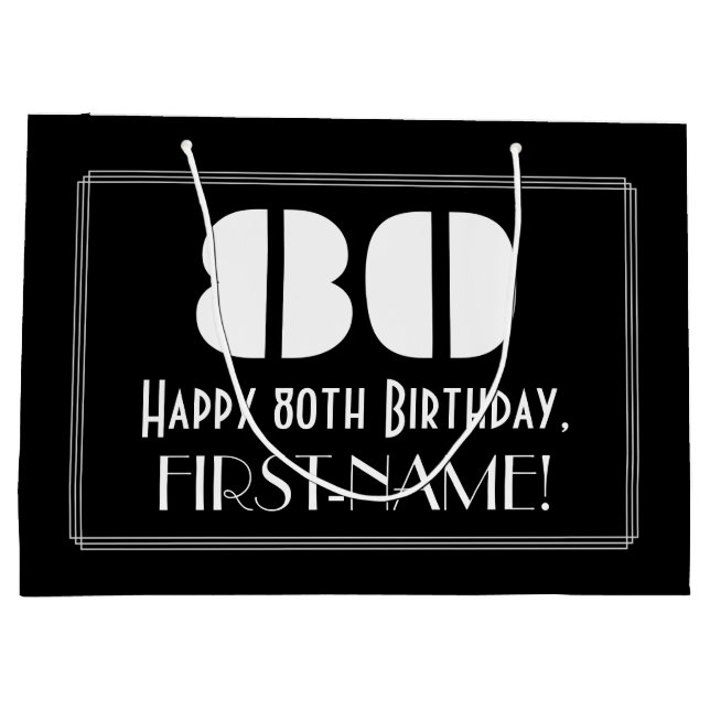 Sacola Para Presentes Grande 80 Aniversário ~ Arte Deco Inspirou "80" + Nome (Verso)