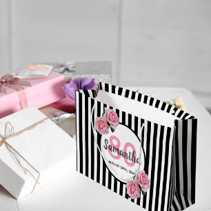 Sacola Para Presentes Grande 80 aniversário stripes pretas pintas cor-de-rosa