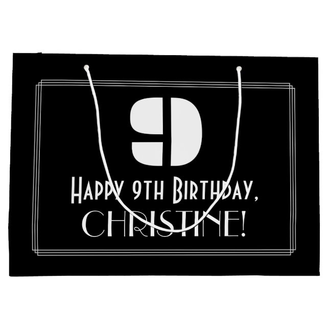 Sacola Para Presentes Grande 9º aniversário ~ Arte Deco Inspirou "9" + Nome (Verso)