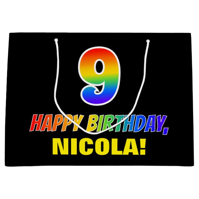 Sacola Para Presentes Grande 9º aniversário: Negrito, Divertido, Simples, Arco- (Frente)