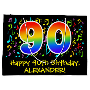 Sacola Para Presentes Grande 90 Birthday - Símbolos Musicais Coloridos, Rainbo