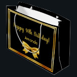 Sacola Para Presentes Grande 90th birthday party black gold name bow<br><div class="desc">Two elegant faux gold frames and a chic black background. With the text: Happy 90th Birthday!   Template for her name,  golden letters. Decorated with an elegant golden colored bow.</div>