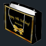 Sacola Para Presentes Grande 90th birthday party black gold name bow<br><div class="desc">Two elegant faux gold frames and a chic black background. With the text: Happy 90th Birthday!   Template for her name,  golden letters. Decorated with an elegant golden colored bow.</div>