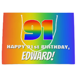 Sacola Para Presentes Grande 91st Birthday: Colorful, Fun Rainbow Pattern # 91